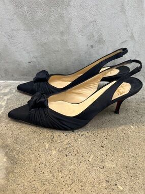Christian Louboutin Black Satin Slingback Kitten Heels with Knot Accent